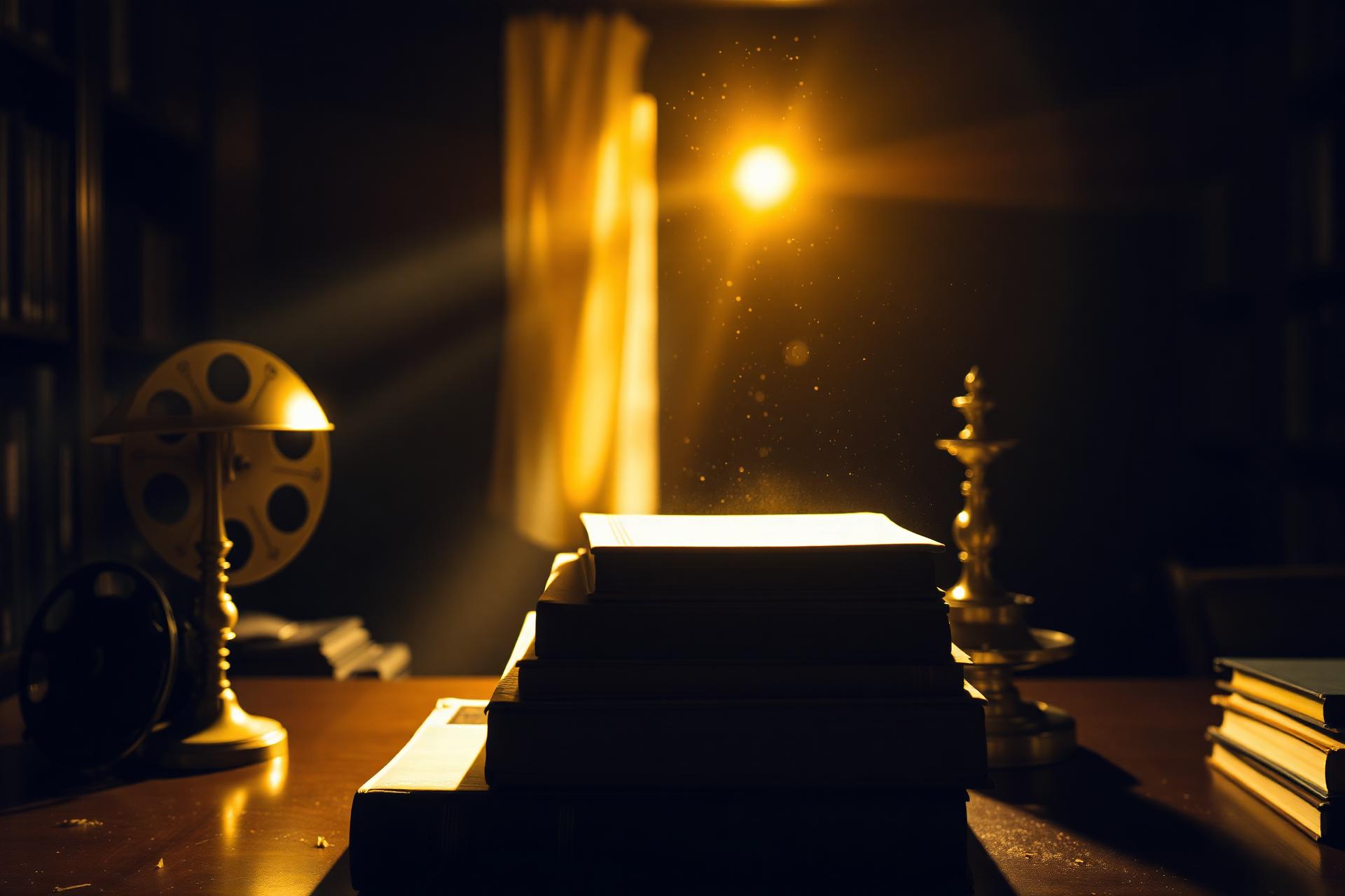 Cinematic books on a writing desk